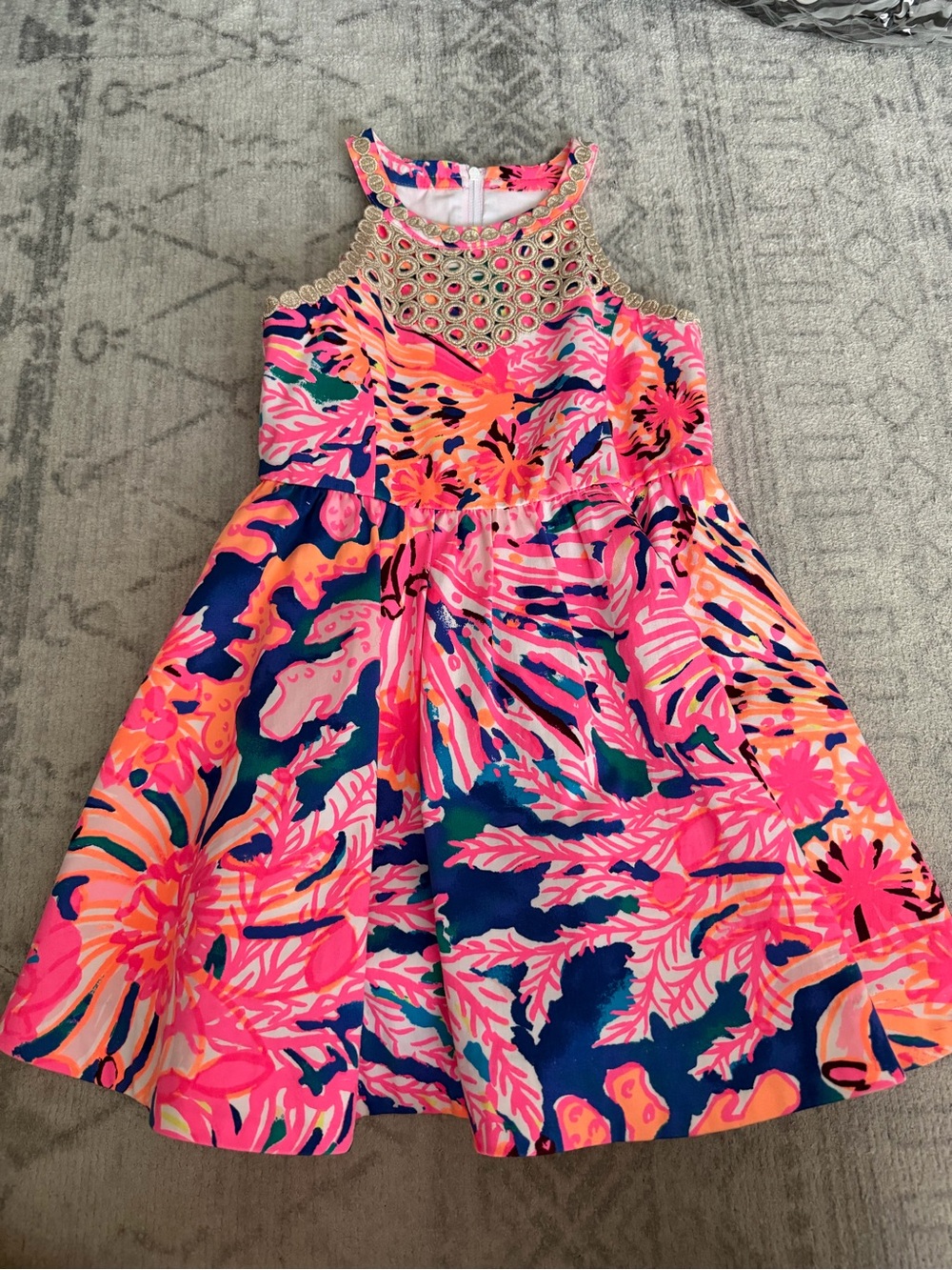 Lilly Pulitzer Girls Neon Pink Orange Blue Tropical Print Dress